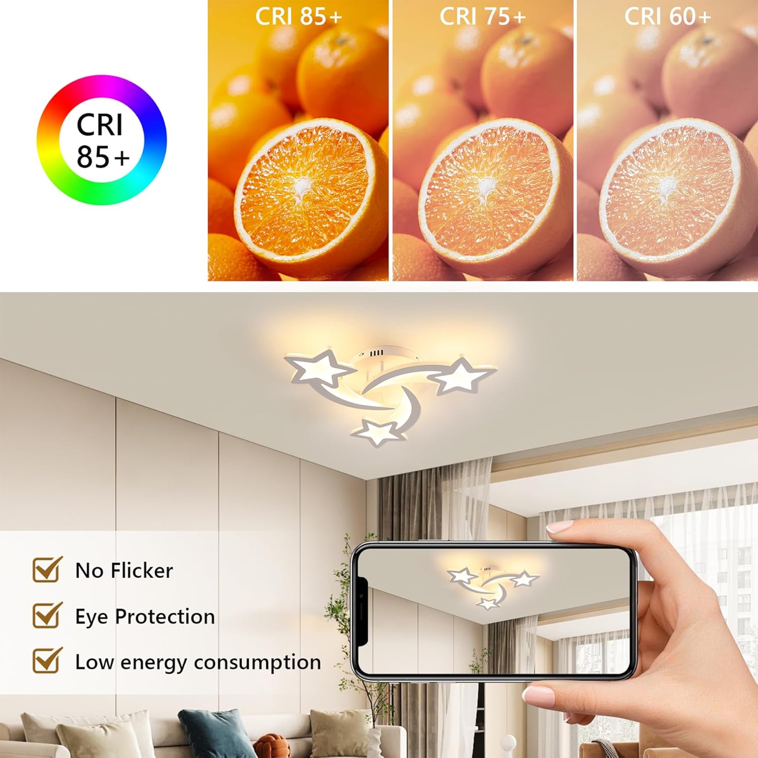 DELIPOP Kids Room Ceiling Light, 30W Dimmable Modern Ceiling Light, 3 Stars Shape Flush Mount Ceiling Lights for Bedroom Living Room Dining Room