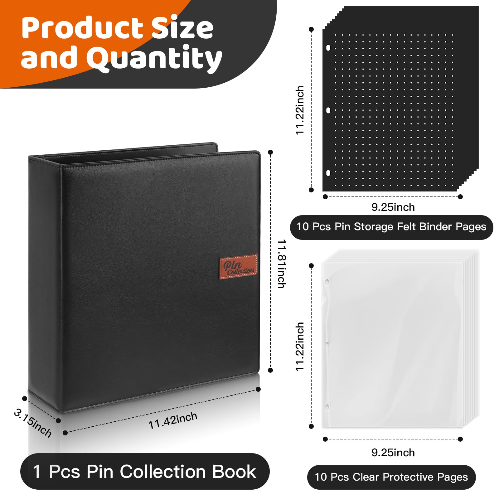 Raccoglitore smaltato con 10 pagine in feltro, porta spilli in pelle PU, organizer per grandi collezioni, raccoglitore a 3 anelli, nero (non include accessori)