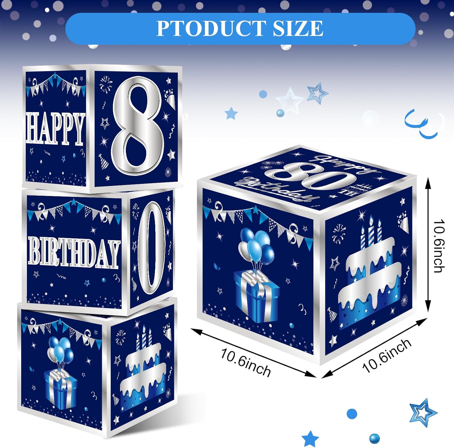 3 Packs Blue Silver 80th Birthday Decorations Boxes for Men, Blue Navy Happy 80 Birthday Balloons Boxes Party Supplies, Eighty Years Old Bday Cardboard Box Decoration - Image 2