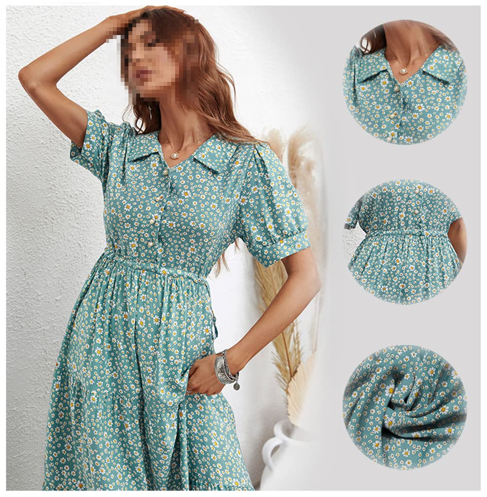 Vsadsau Vestido largo de verano para mujer, estampado floral, vestido midi de fiesta, manga corta, vestido largo acampanado