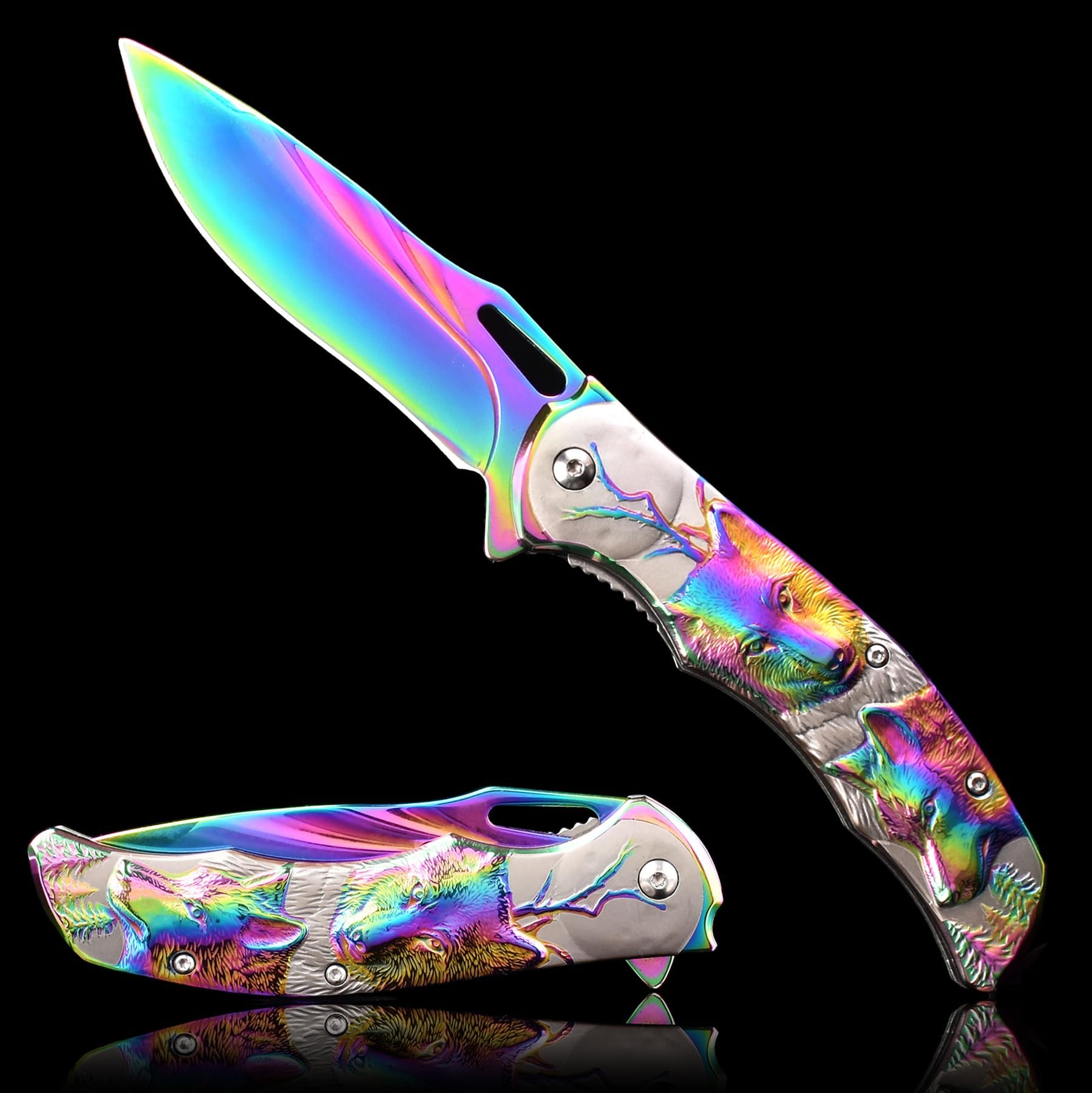 Vividstill Pocket Knife for Men, Folding Knife With Clip & 3D TITANIUM PLATED WOLF Relief, Embossed Edc Knife For Men Outdoor Survival Camping Hiking hunting (Rainbow)