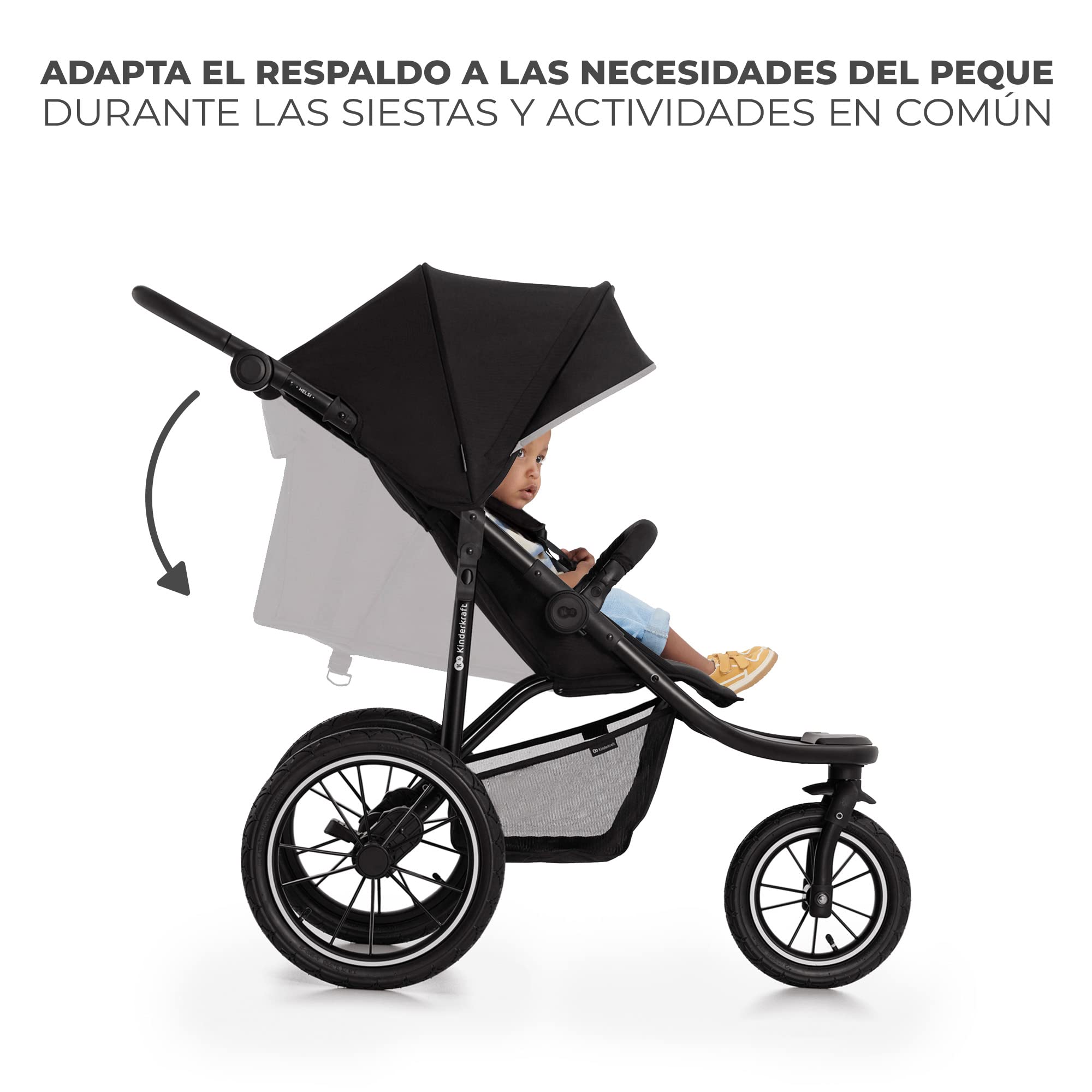 Kinderkraft HELSI, Jogger, Silla de Paseo, Para Bebés, 3 Ruedas, Para cada Terreno, Desde el Nacimiento hasta 22 Kg, Rueads Neumaticas, Off Road, Cesta Grande, Negro