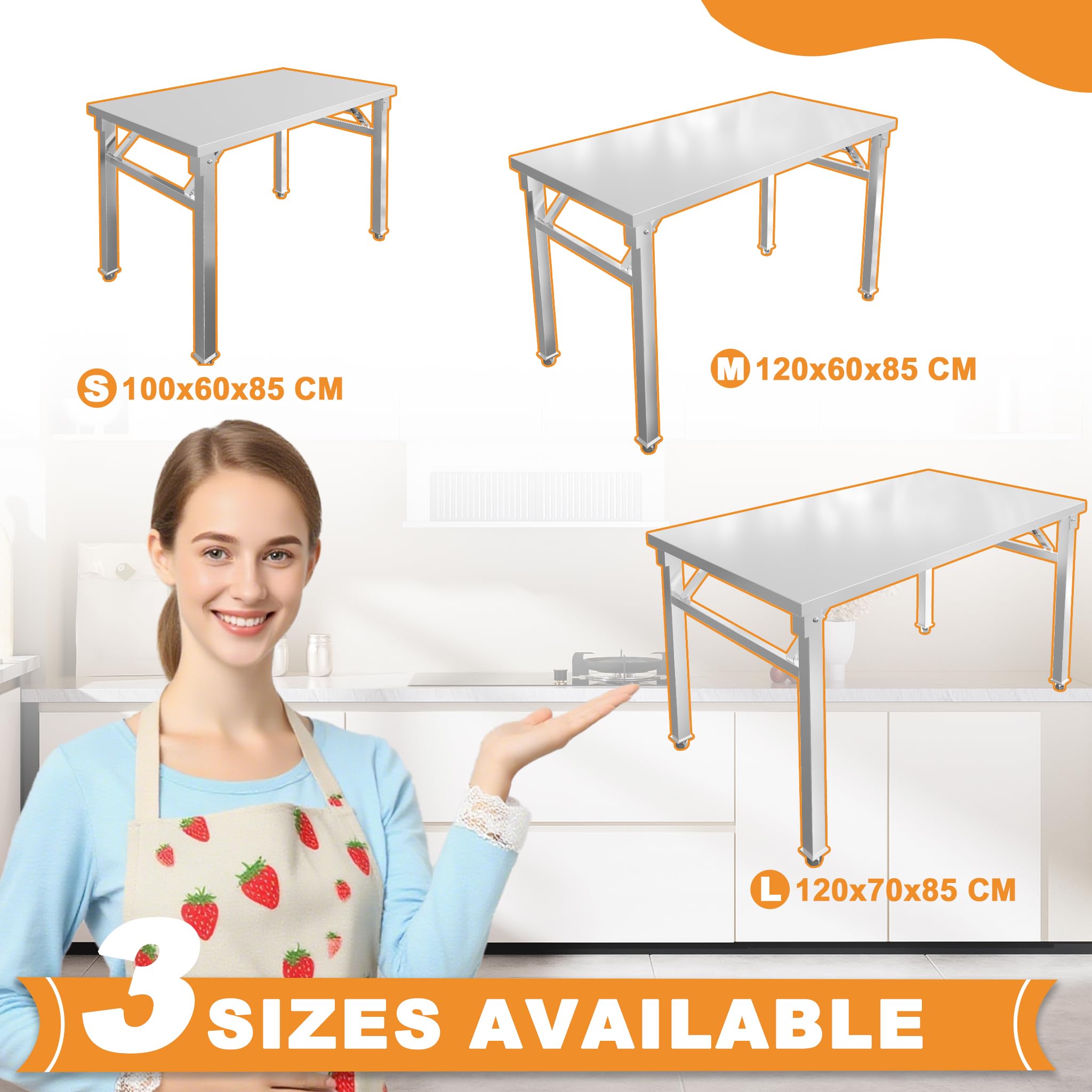 ACXIN Mesa plegable de acero inoxidable S, mesa de trabajo plegable, soporta hasta 300 kg, mesa de cocina, mesa de servir, higiénica y robusta, móvil para gastronomía, catering, taller, exterior (100