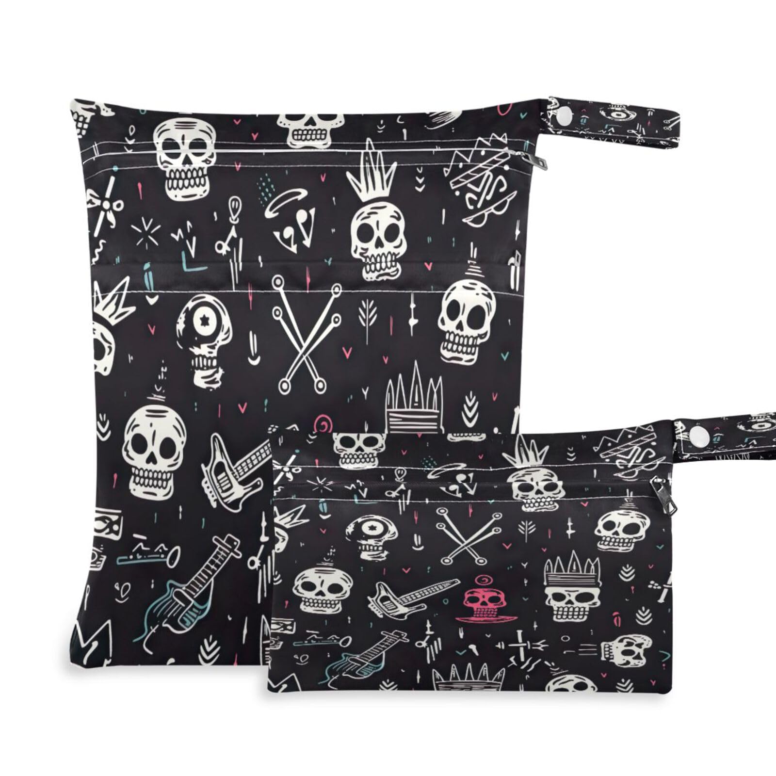 ATTX Colorful Skull Pattern Wet Dry Bags 2-Pack - Reusable Cloth Diaper Storage for Travel, Beach & Gym | Multi-Use Waterproof Bags for Swimsuits, Baby Clothes, Sports Gear#401