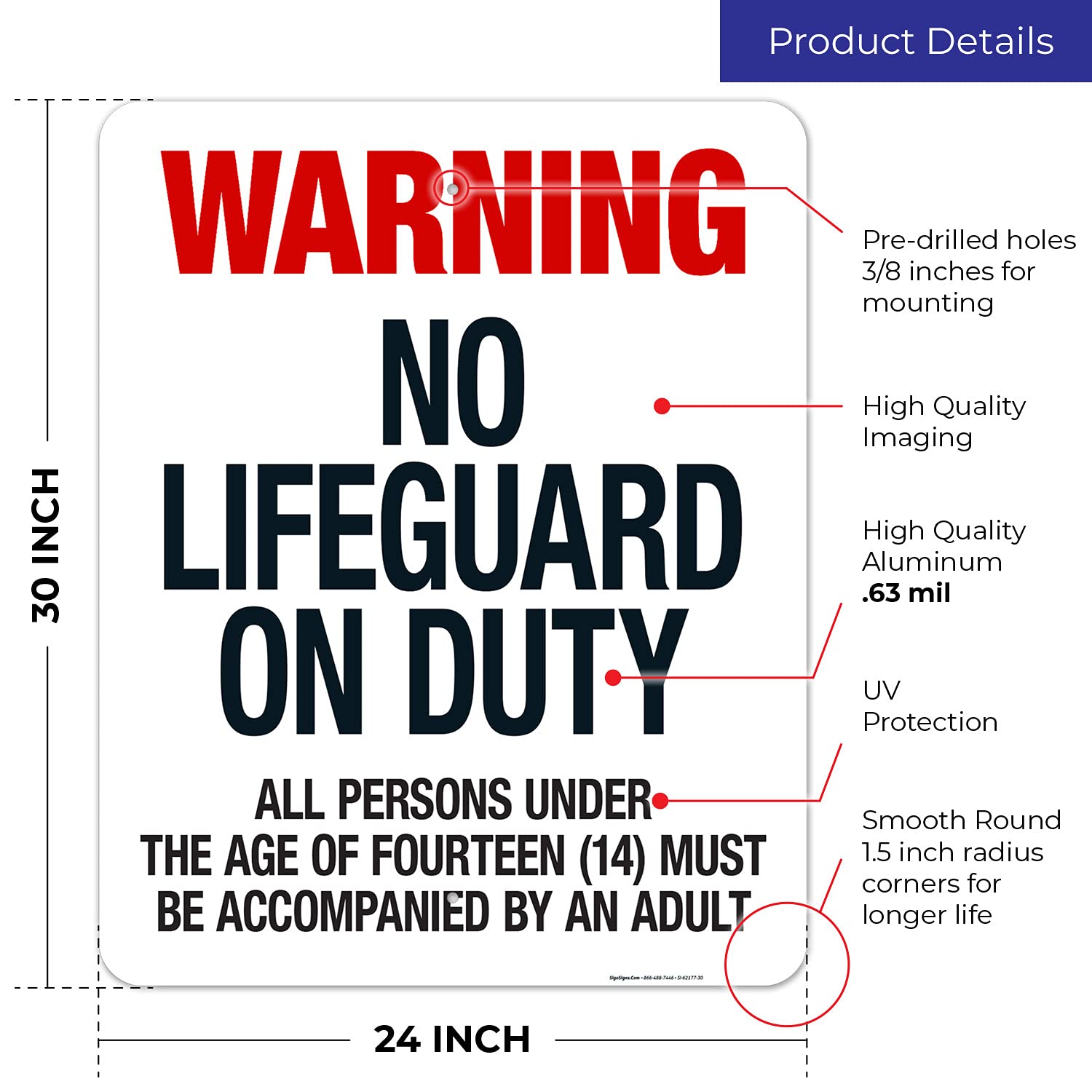 West Virginia No Lifeguard Sign, Complies with State of West Virginia Pool Safety Code, 24x30 Inches, Rust Free .063 Aluminum, Fade Resistant, Made in USA