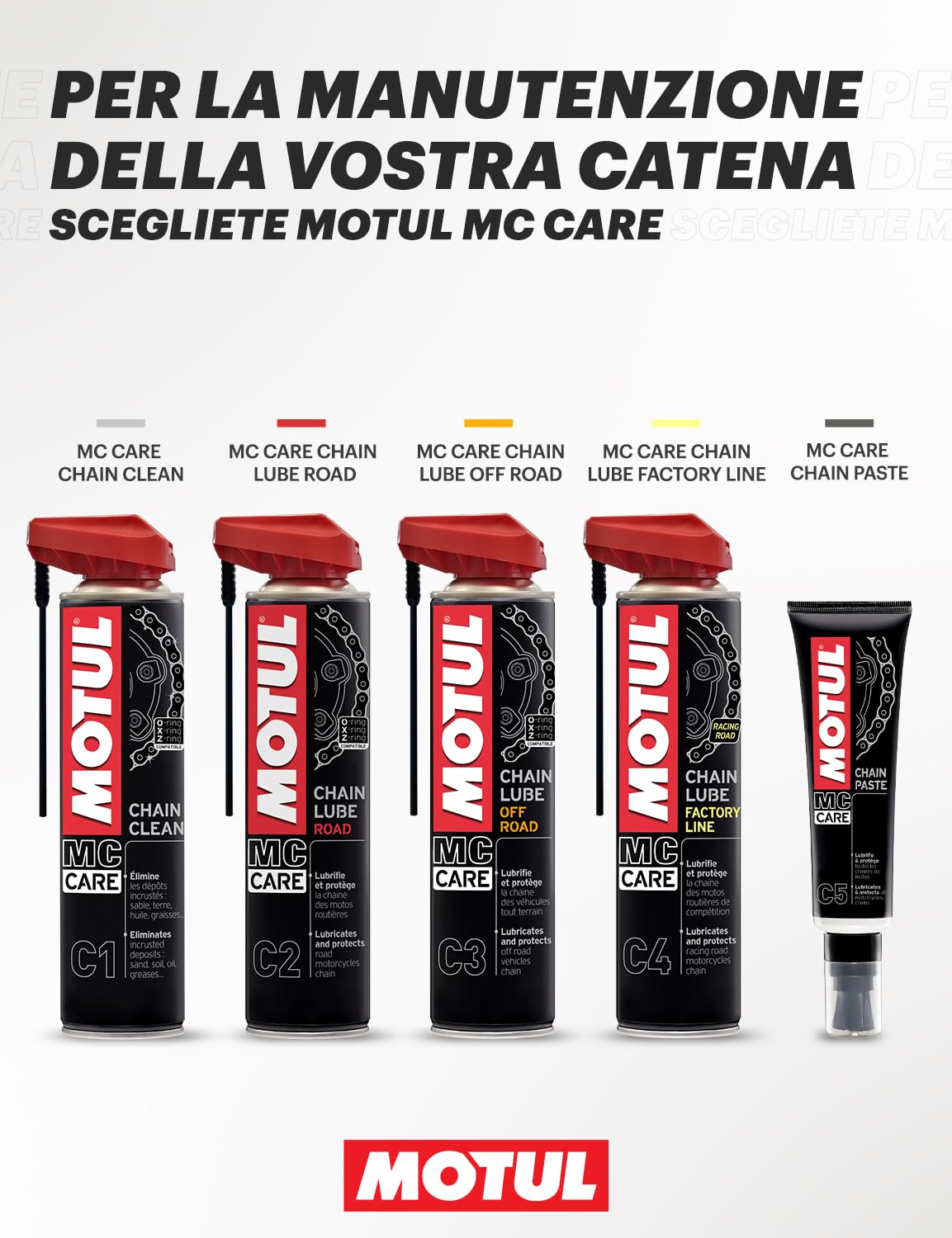 Motul - Kit di Manutenzione - Pulitore Spray per Catena Moto + Lubrificante per Catena Moto da Corsa + Spazzola Non Abrasiva - MC Care Chain Clean C1 - MC Care Chain Lube Factory Line C4