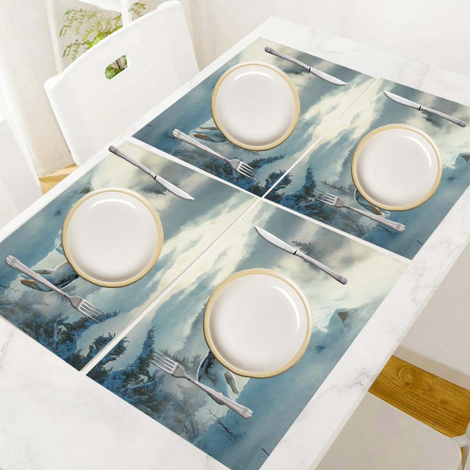 Set di 8 Tovagliette Americane Lavabili Cotone Lino Paesaggio forestale - Tovaglietta Americana Stoffa Resistenti al Calore Durevole Lupo delle nevi- per Colazione Pranzo