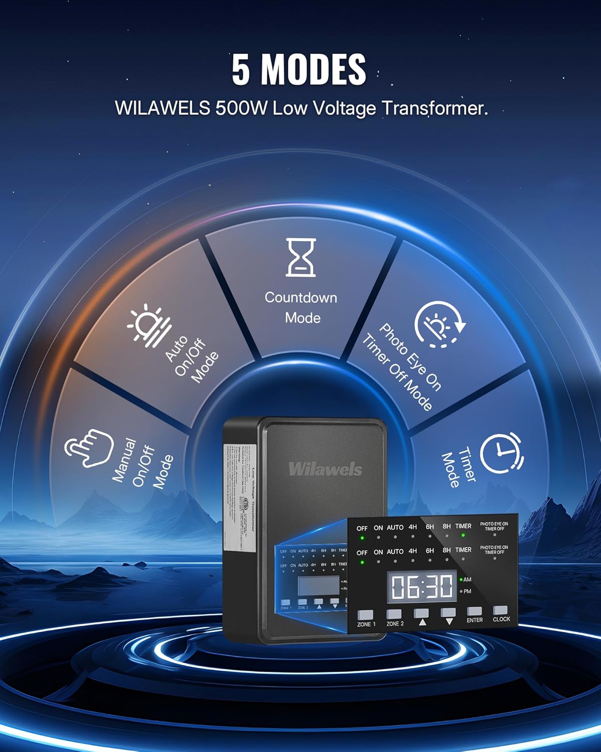500W Low Voltage Landscape Transformer, 2 Zone Independent Control 120VAC to 12/14V AC Low Voltage Transformer, Landscape Lighting Transformer with Timer & Photocell Sensor ETL Listed D29LT06