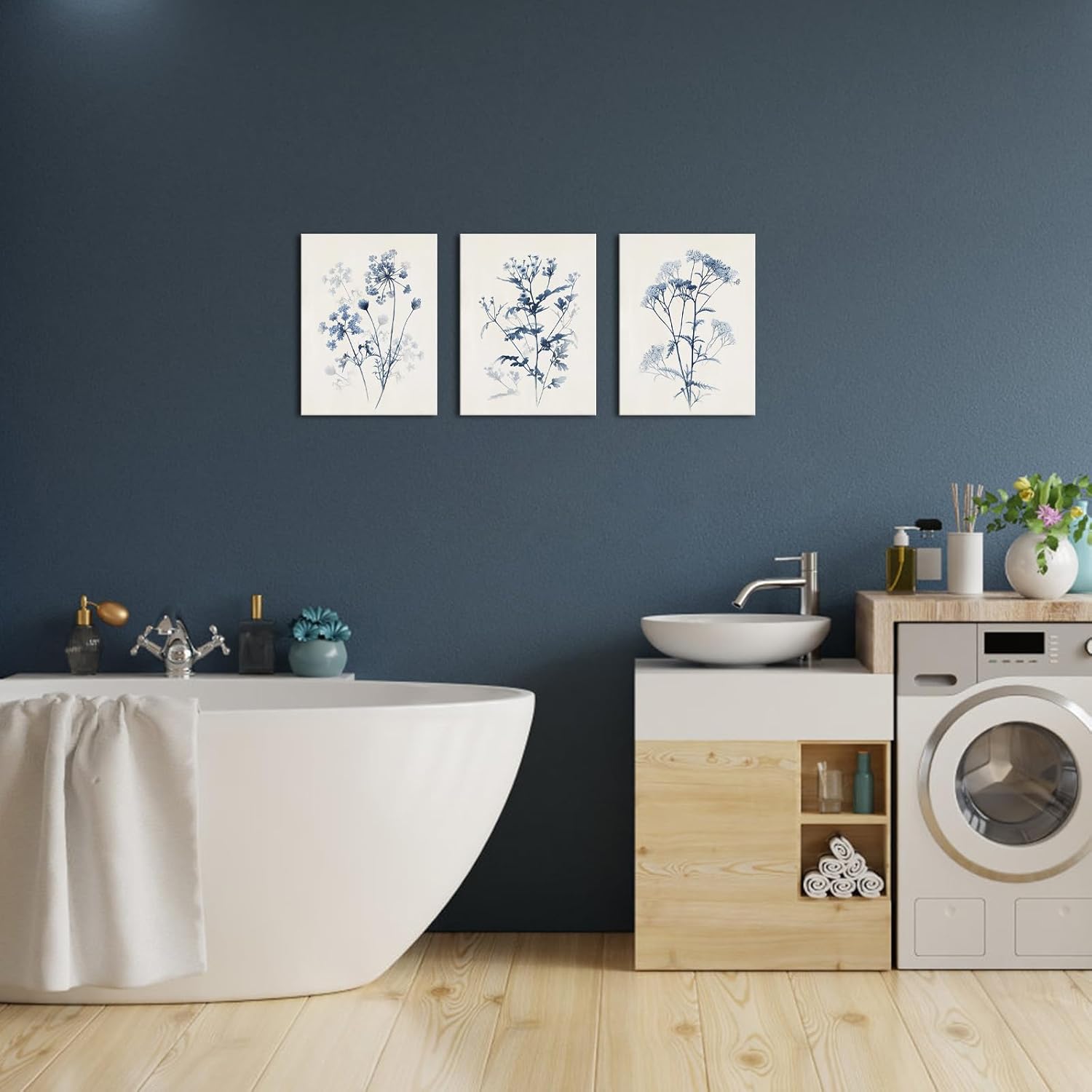 LoveHouse Blue and White Canvas Wall Art Blue Leaves Painting Prints Watercolor Blue Pictures for Bathroom Decor