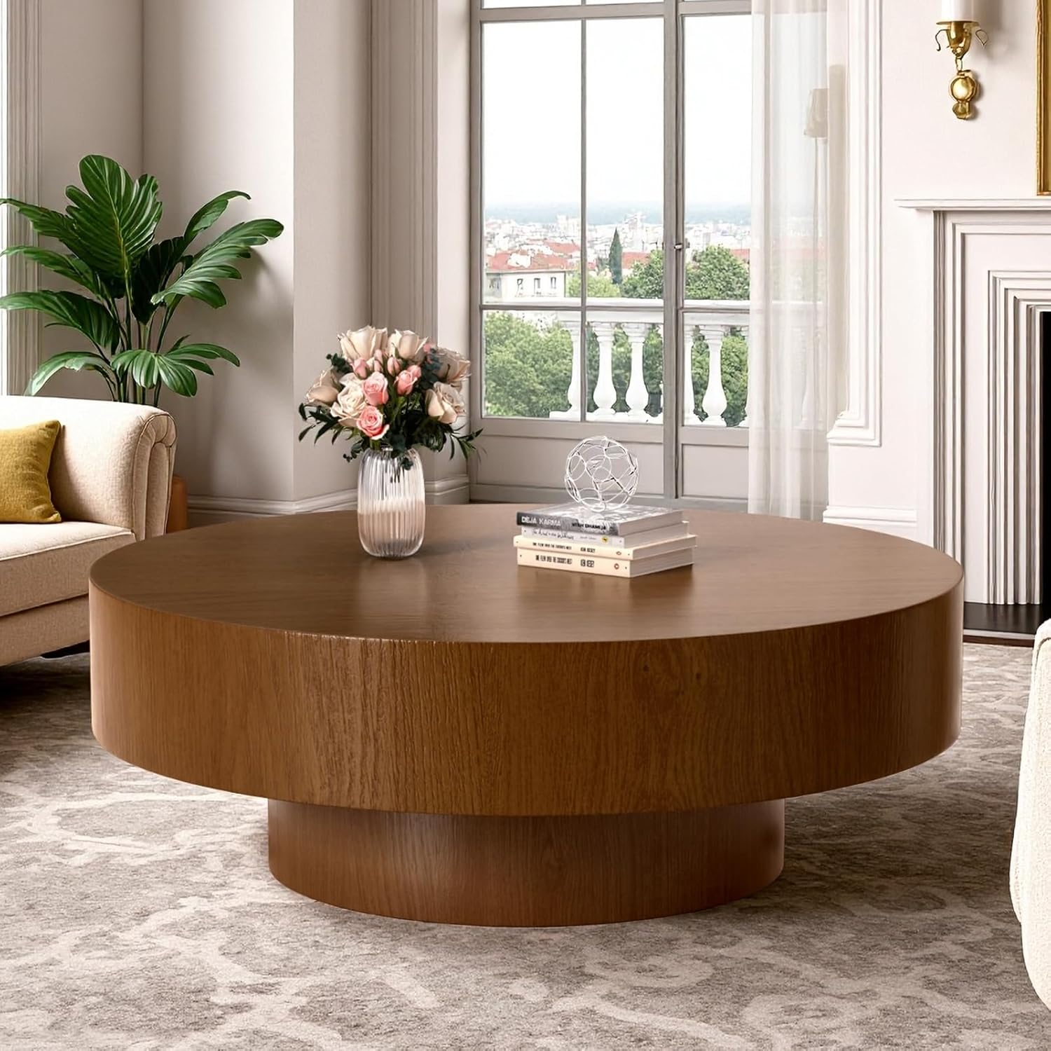 39.37" Round Coffee Table Modern Drum Coffee Table Vintage Round Wooden Coffee Table Circle Accent Tea Center Table Contemporary Minimalist Unique for Living Room Small Space Office (D39.37*H13.78)