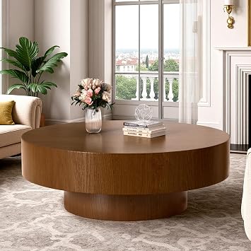 39.37" Round Coffee Table Modern Drum Coffee Table Vintage Round Wooden Coffee Table Circle Accent Tea Center Table Contemporary Minimalist Unique for Living Room Small Space Office D39.37*H13.78