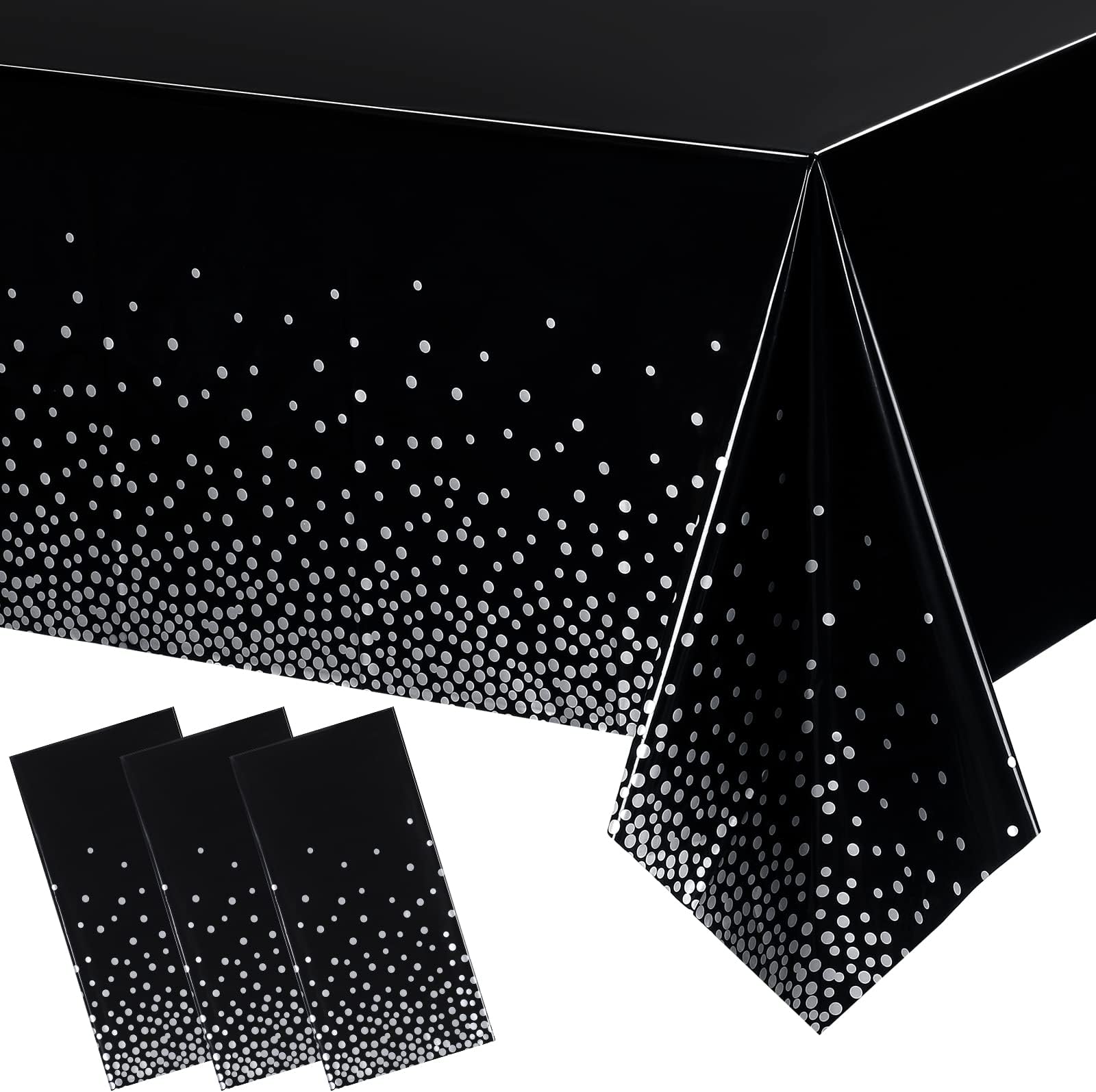 Breling 3 Pieces Dot Tablecloth Confetti Rectangle Plastic Disposable Table Cover for Birthday Wedding Baby Shower Engagement Anniversary Bachelorette Party, 54 x 108 Inch (Black and Silver)