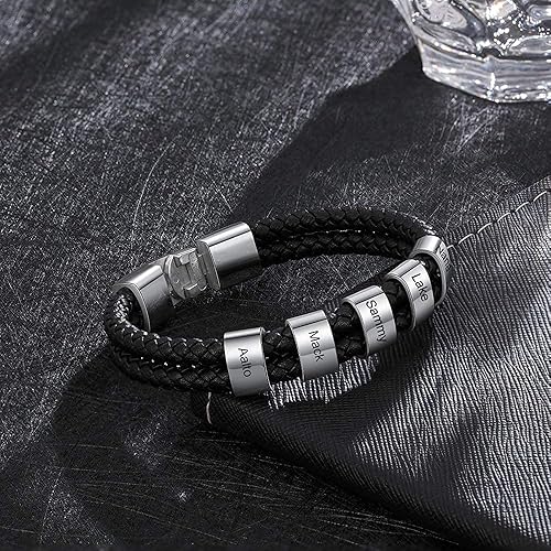 Miniatura 5 de Pulsera trenzada negra personalizada para hombre, pulsera personalizada con 1-8 cuentas personalizadas, nombres de la familia, joyería para hombres