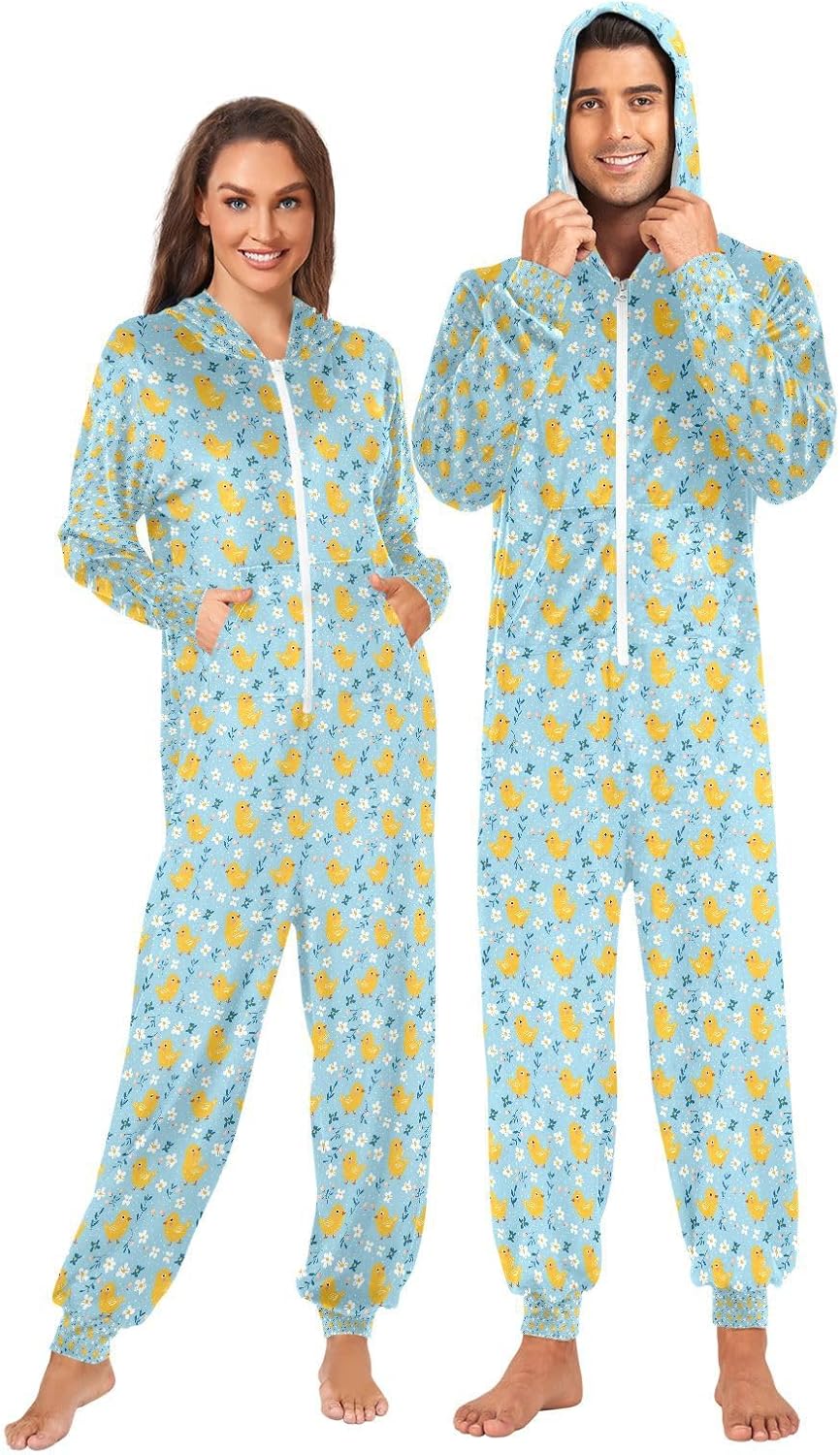 ALAZA Flower Blue Yellow Chicken Unisex Onesie Hoody Pajamas Jumpsuit One-Piece Sleepwear for Men Women