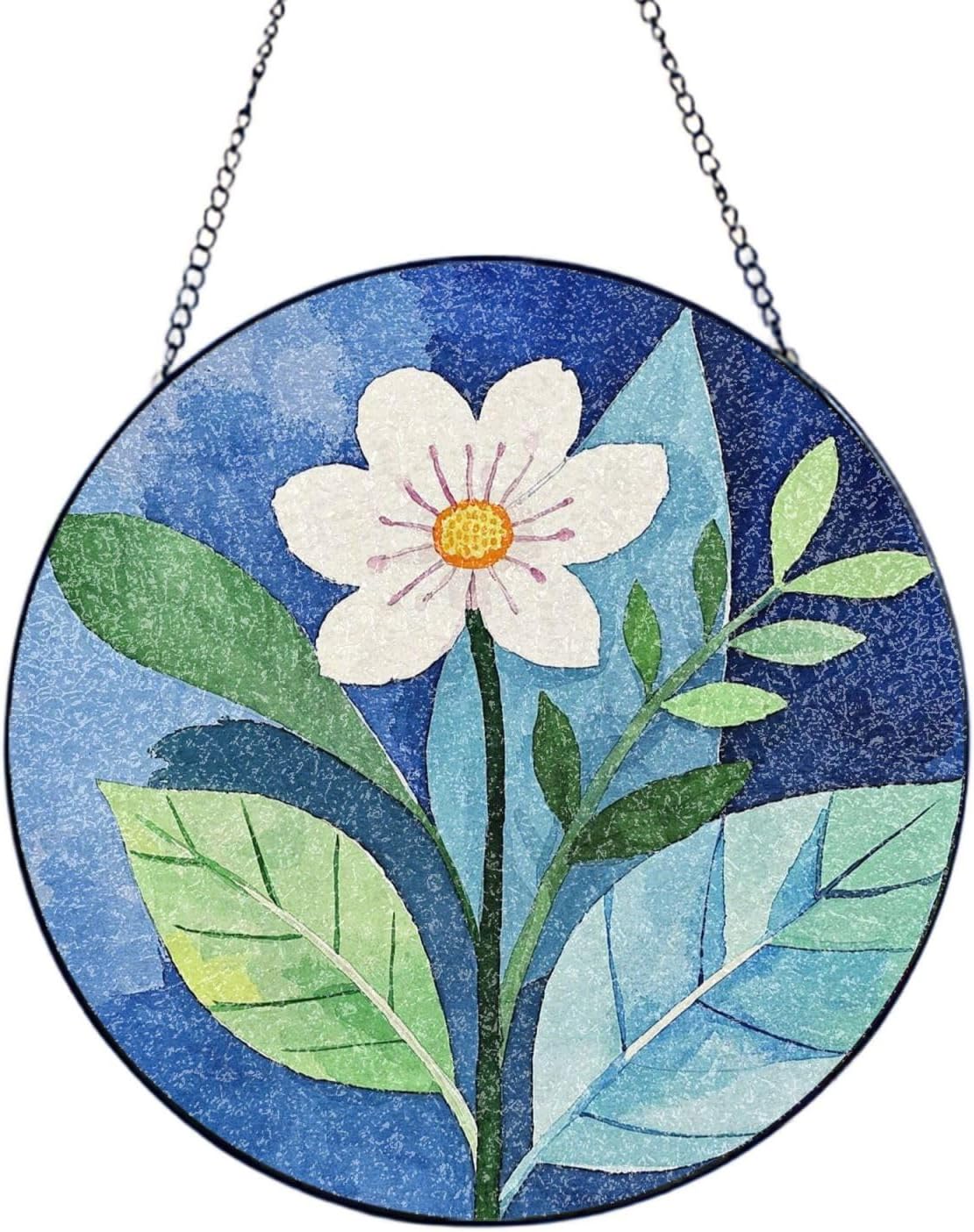 Stained Glass Window Hanging 12in Window Suncatcher Glass Panel with Metal Chain Watercolor Single Flower and Leaf Sun Catchers Wall Art Home Decor Gift for Women Mother's Day