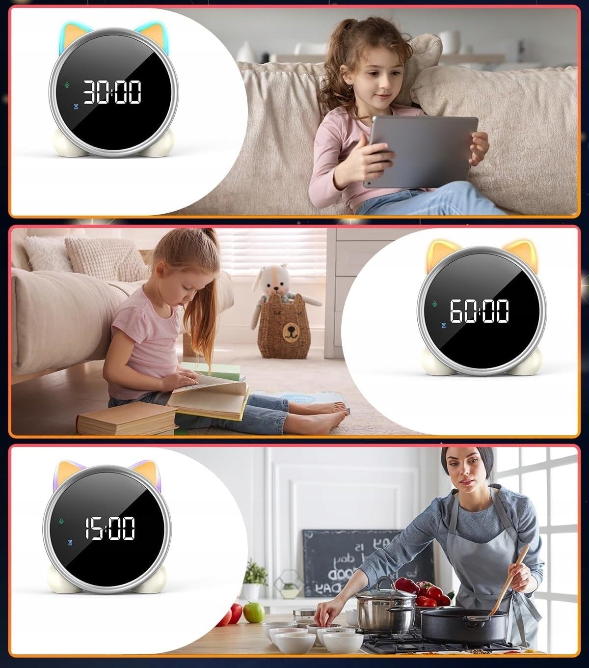 Horloge réveil avec veilleuse pour enfants, affichage numérique, thème chat