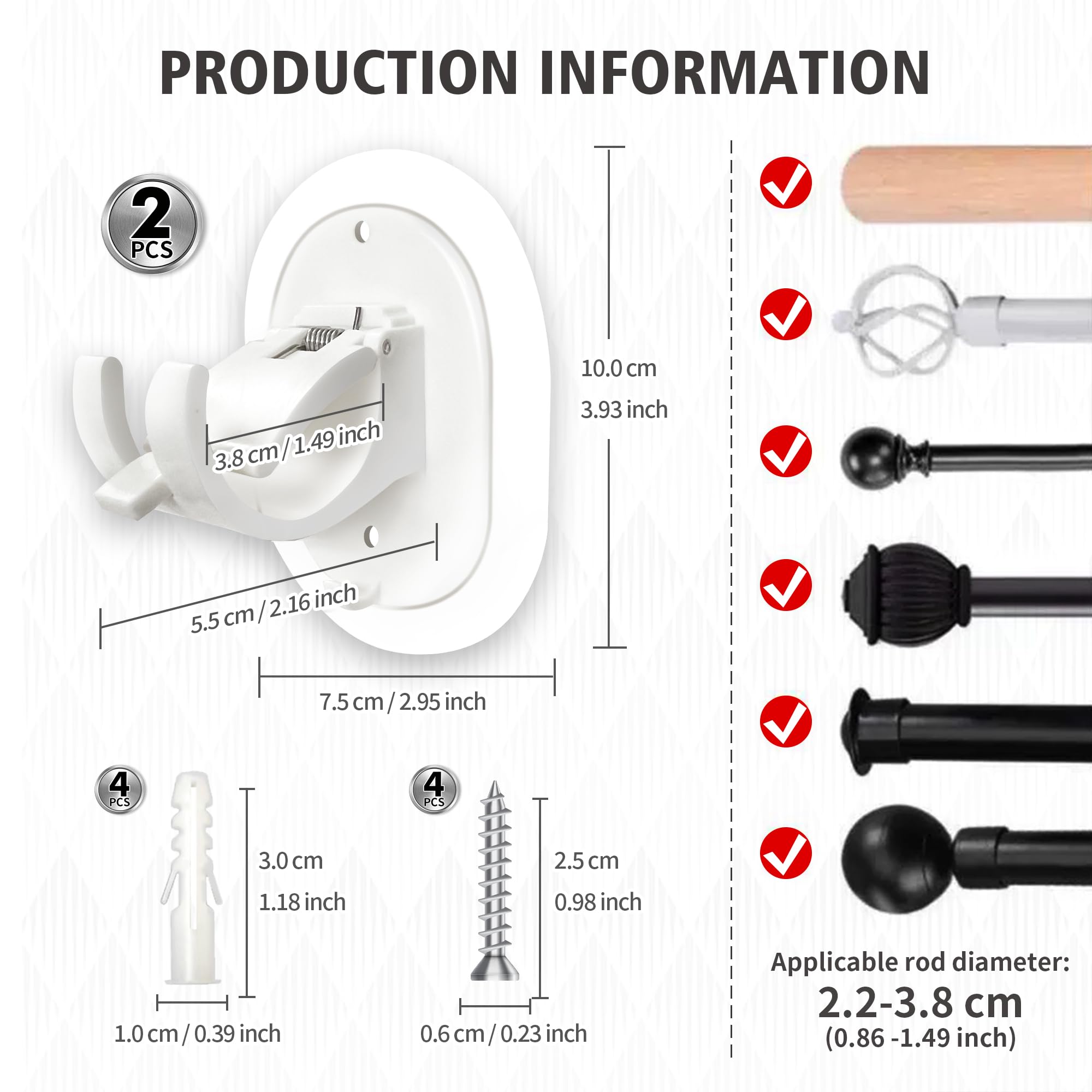 2 Stück Gardinenstangenhalter Weiß - Selbstklebend Oder Mit Schrauben