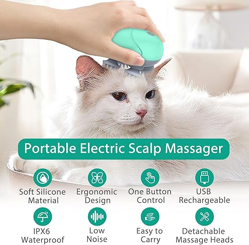 Vista 2 de ORIA Masajeador eléctrico de cabeza, masajeador inalámbrico para el cuero cabelludo, rascador de cabeza impermeable de mano con 3 modos, 4 cabezales