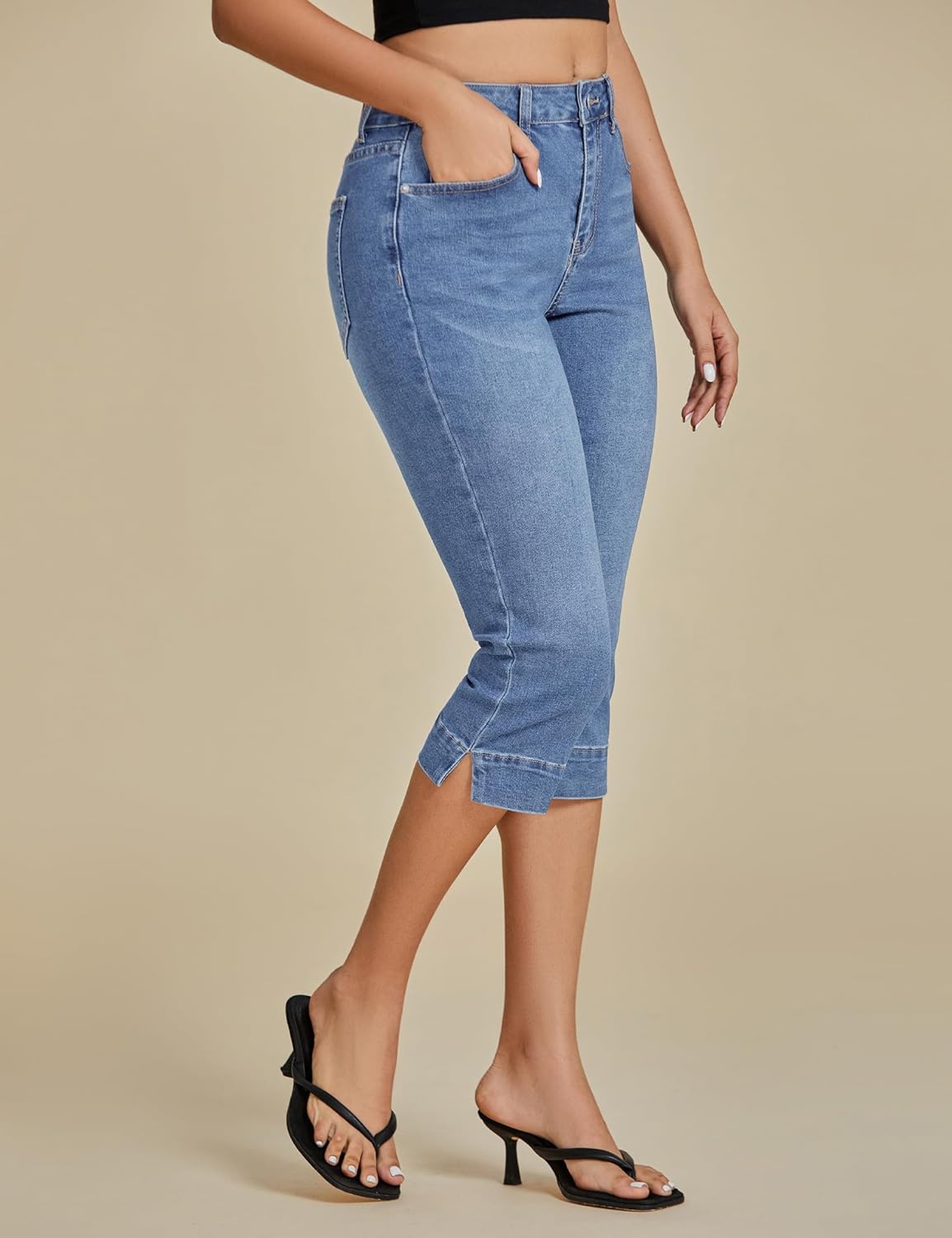 luvamia Capri Jeans for Women Trendy High Waisted Slim Split Hem Stretch Denim Jean Capris Cropped Pants Casual Summer - Image 3
