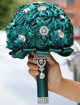Sharebeauty 7.9 Handmade Satin Rose Bridal Bouquet Toss Round Wedding Bouquet Throw Toss Artificial Flower Bunch Dark Green