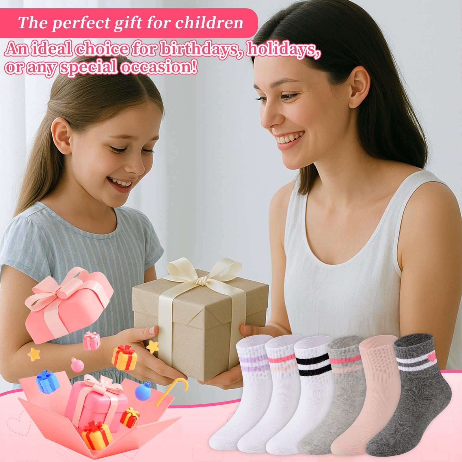 Lot de 6 paires de chaussettes de sport en coton pour enfants avec rayures mignonnes cœurs, chaussettes extensibles pour filles et garçons de 3 à 12 ans