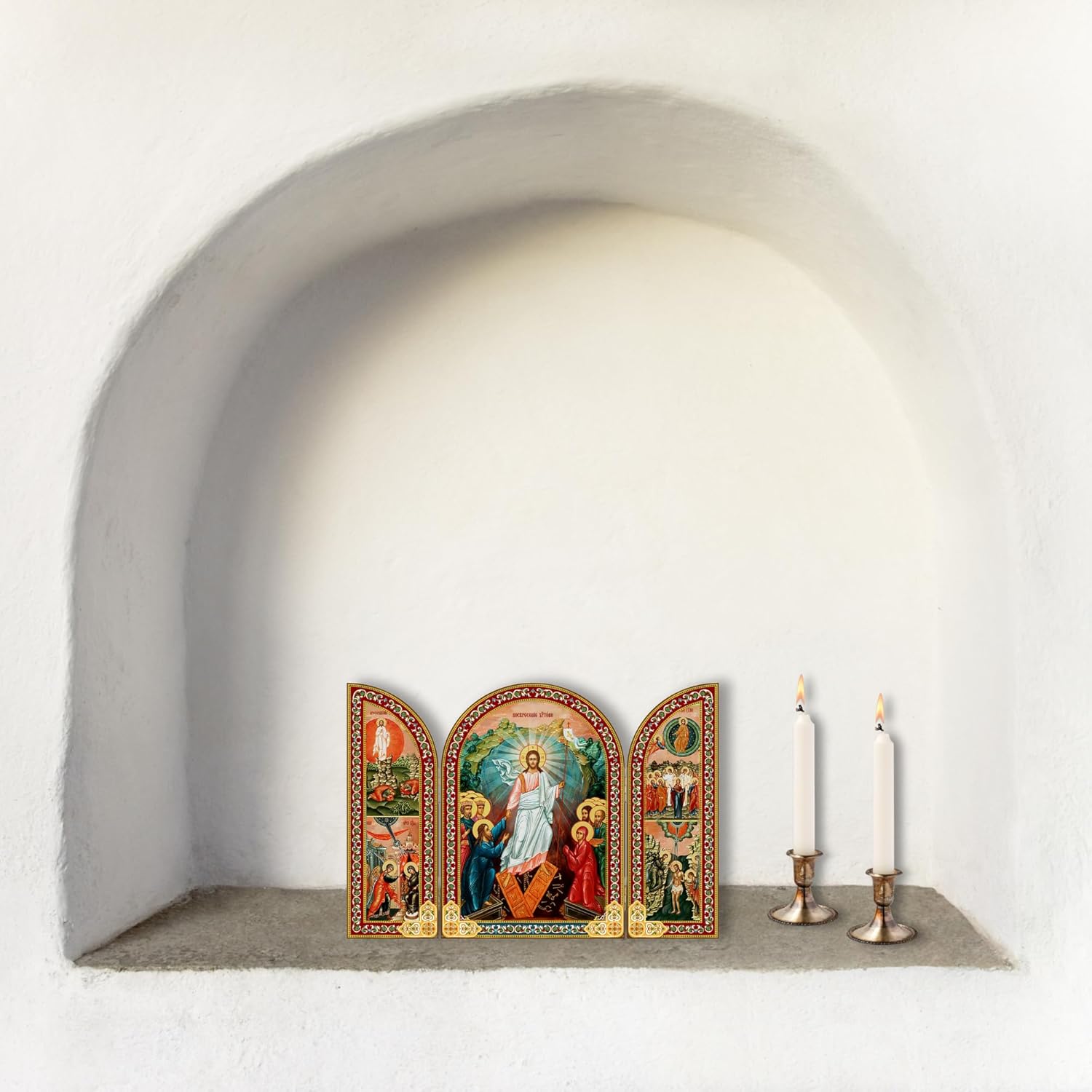 Needzo Resurrection of Christ Wooden Triptych with Gold Foil Details, Catholic Orthodox Church Decor, 8.75 Inches
