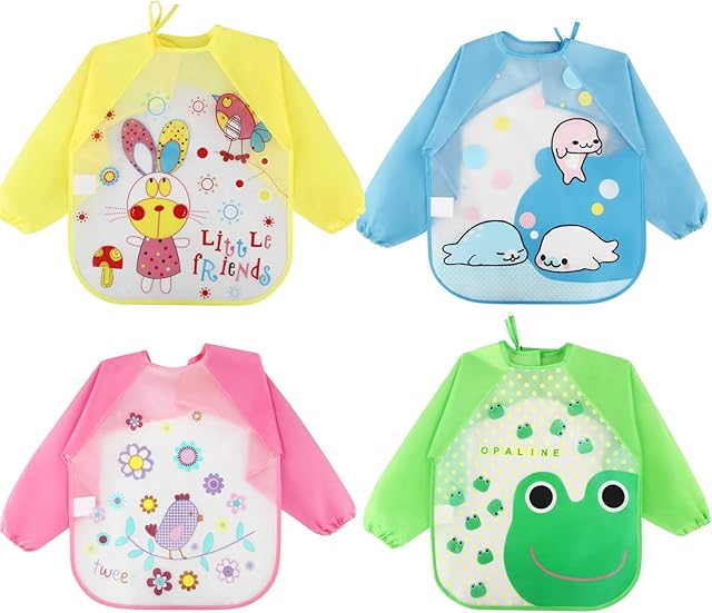 Baby Bibs 4 Pcs Unisex Feeding Bib Waterproof Long Sleeves Toddler Apron Weaning Bibs for 6 Months to 3 Years Old