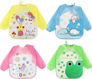 مريلة أطفال مقاومة للماء بأكمام طويلة مناسبة لفطام الأطفال من الجنسين بعمر 6 أشهر إلى 3 سنوات، 4 قطع