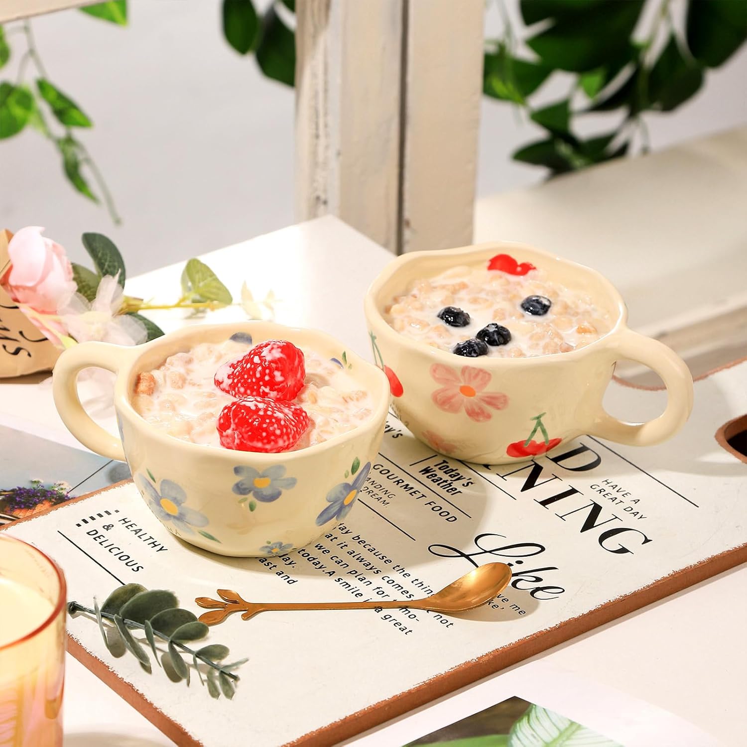VanEnjoy Ceramic Cup, Cute Coffee Mug, Strawberry Mug, Aesthetic Coffee Mug, Retro Flower Mug, Ceramic Tea, 10oz/300ml for Tea Coffee, Milk and Oatmeal - Image 6