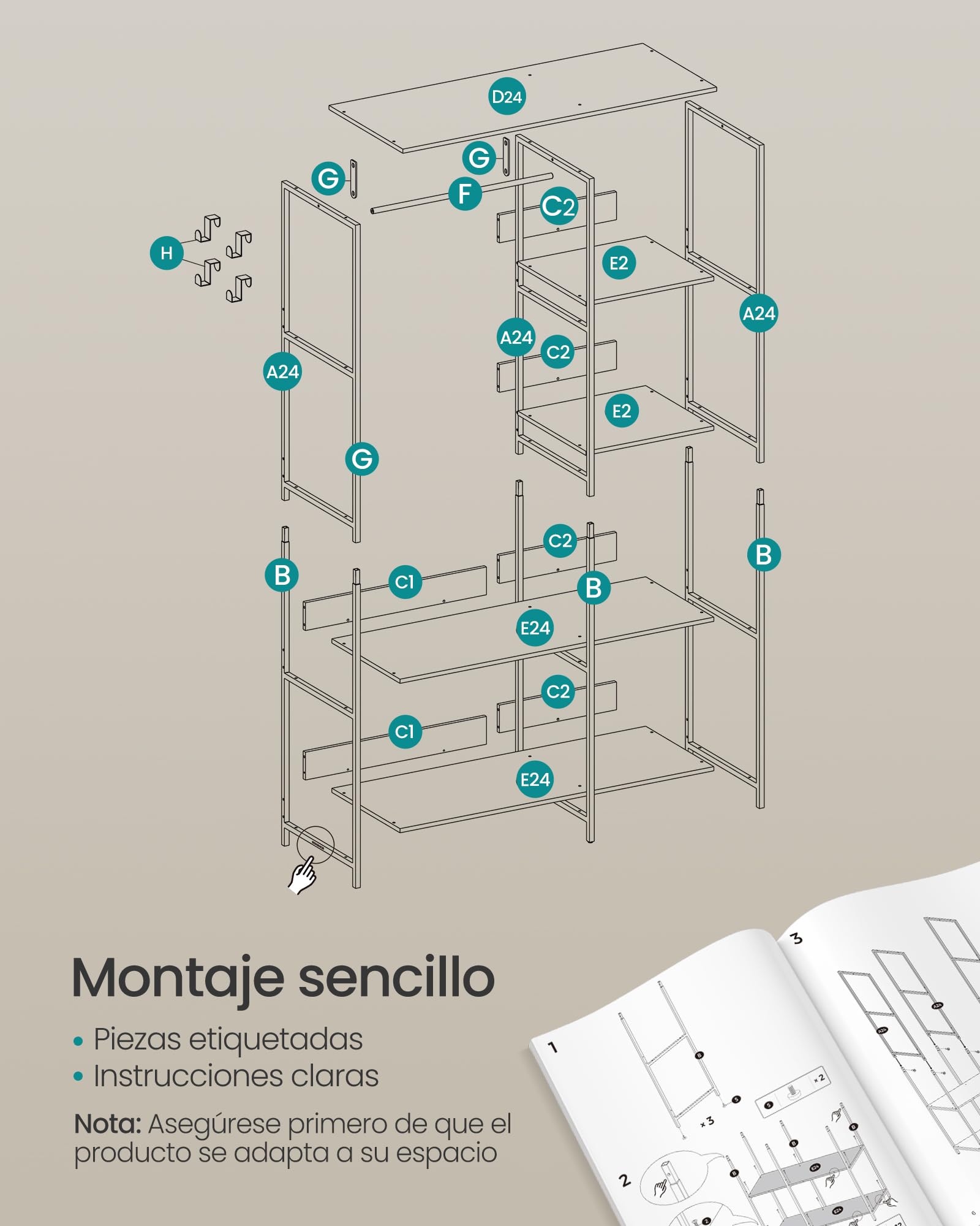 SONGMICS Guardaroba, Stand Appendiabiti, Armadio Aperto con Aste per Appendere, Ripiani Portaoggetti, Ganci Rimovibili, 98 x 40 x 181 cm, Marrone Vintage RGR024B01
