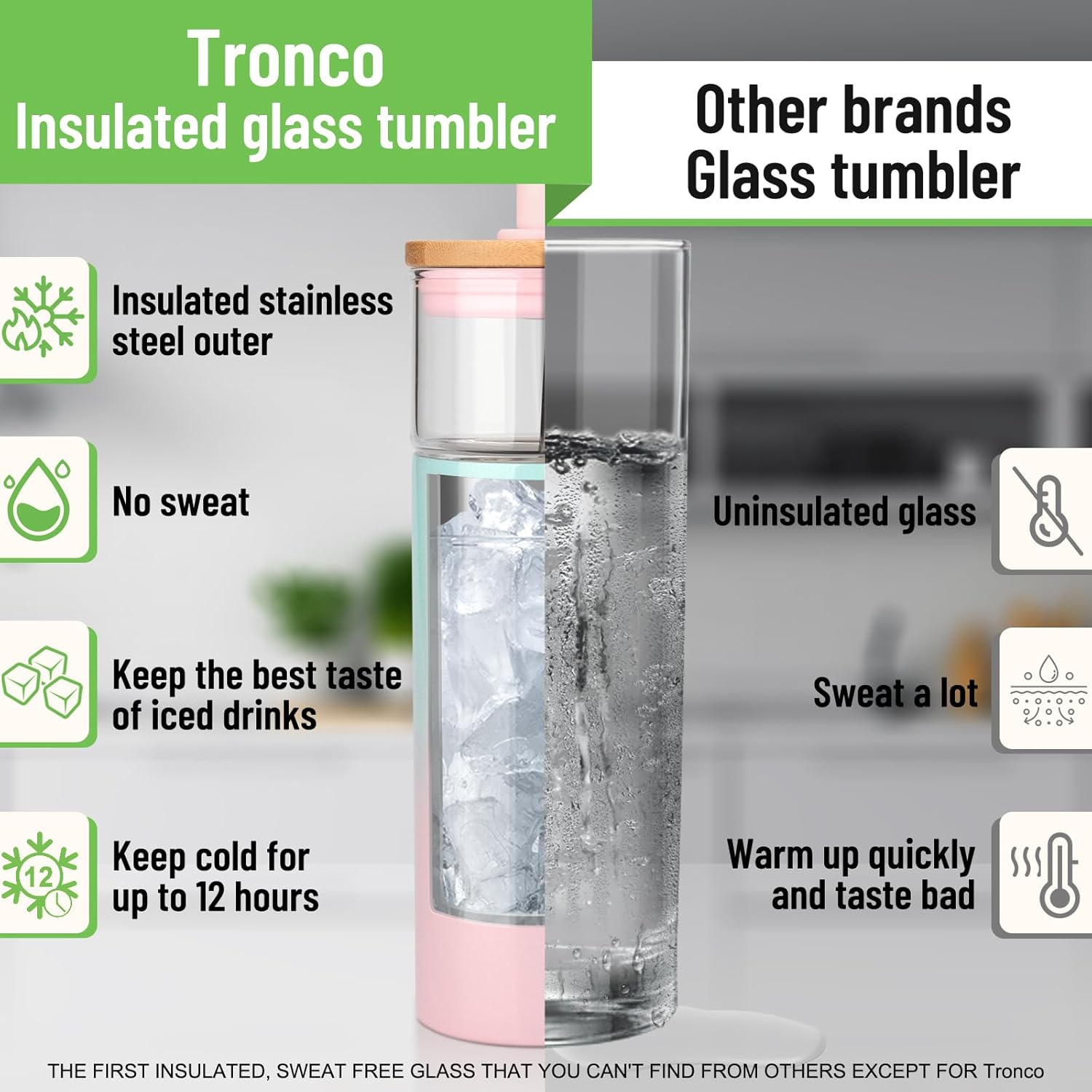 Tronco 20 oz Vacuum Insulated Glass Tumbler with Lid and Straw - Keeps Drinks Cold for 12 Hrs - Reusable Glass Cup for Iced Coffee, Smoothies & Boba - Sweat & BPA Free, Dishwasher Safe, Fit Car Holder - Image 3