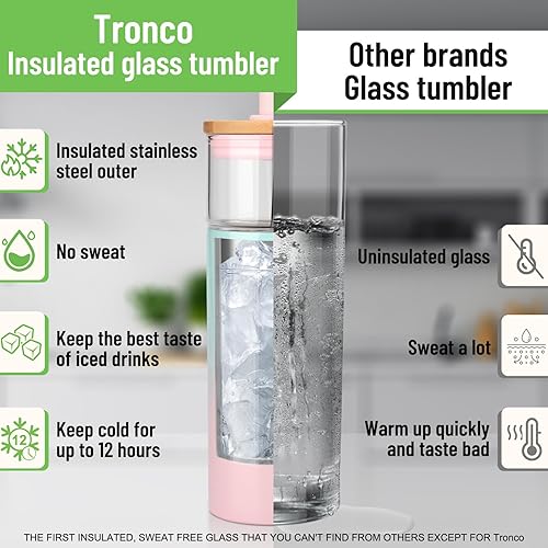 Miniatura 4 de Tronco Vaso de vidrio aislado al vacío de 20 onzas con tapa y pajilla, mantiene las bebidas frías durante 12 horas, vaso de vidrio reutilizable para