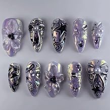 24Pcs Y2k Press on Nails Medium Almond Purple Flower Fake Nails 3D Silver Bow Pearl Gems Design Chrome Full Cover Artificial Glue on Nails Black Star False Nails Cute Stick on Nails for Women Acrylic