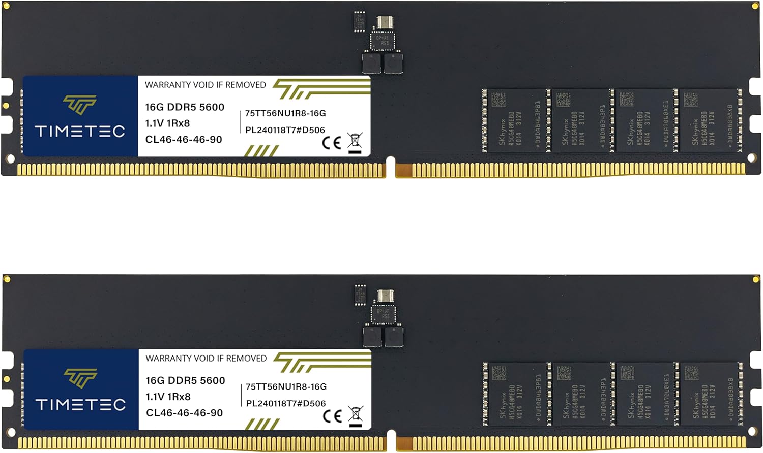 Timetec 32GB KIT(2x16GB) DDR5 5600MHz PC5-44800 Unbuffered Non-ECC 1.1V CL46 1Rx8 Sinlge Rank 288 Pin UDIMM Desktop Memory RAM Module Upgrade