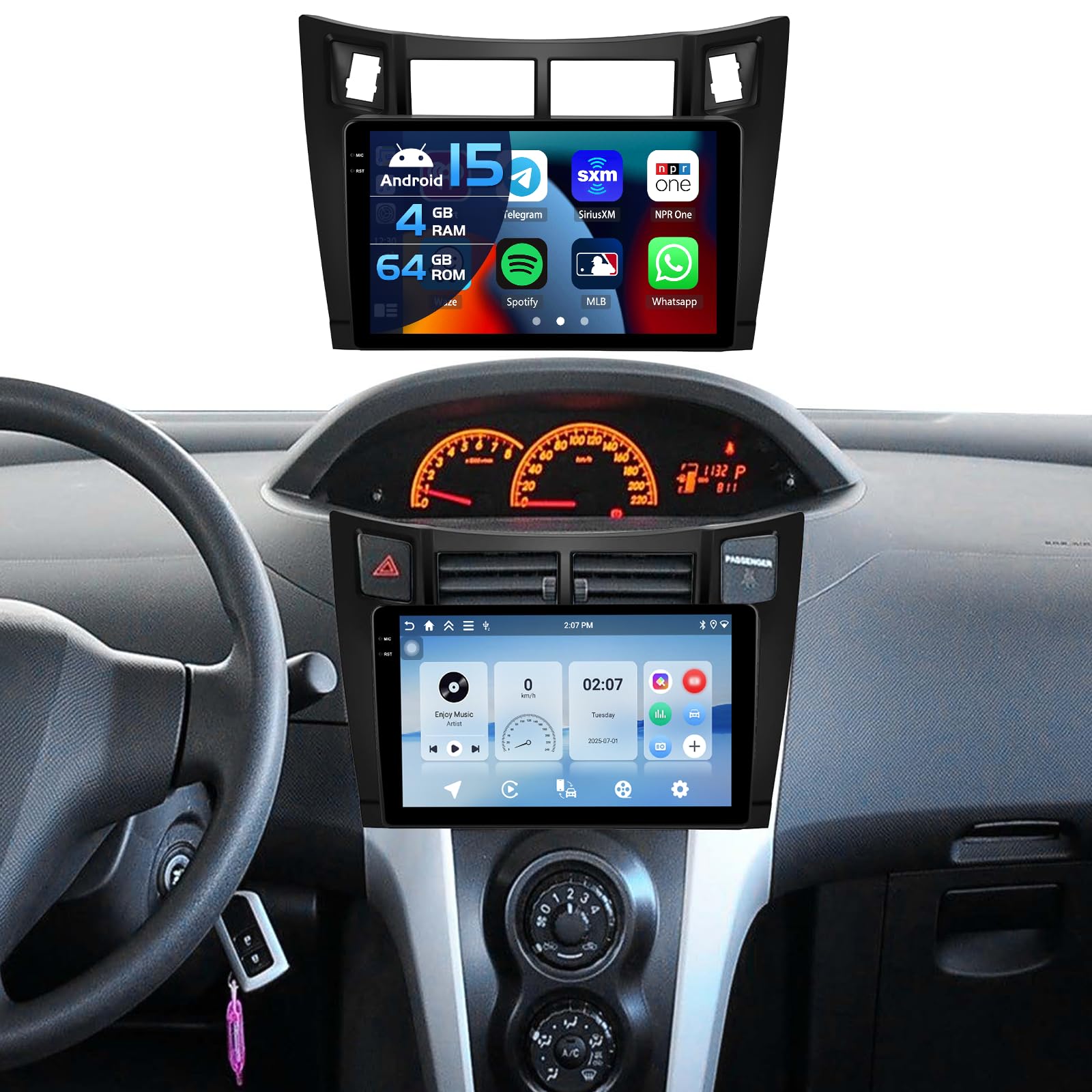 Inefala 4+64G Autoradio per Toyota Yaris 2008-2011 Android 15 mit 9'' In-Cell Schermo Soporta Wireless Carplay und Android Auto Mirror Link Radio FM/RDS GPS WIFI Bluetooth SWC Telecamera Posteriore