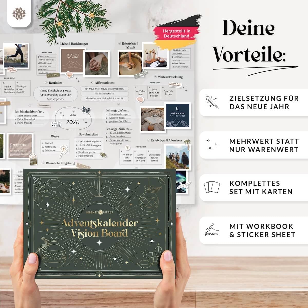 Lebenskompass® Adventskalender Jahresunabhängig Vision Board - Erreiche Deine Ziele - Achtsames Workbook mit wertvollen Aufgaben - Geschenk für die Adventszeit mit Bildern, Sprüchen und Stickern