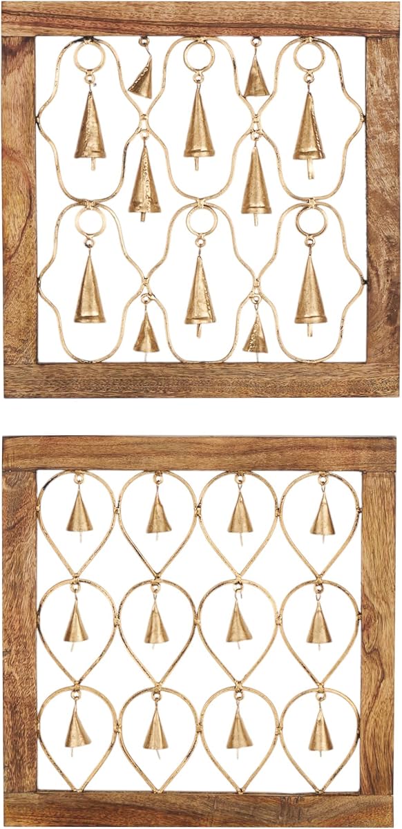 Deco 79 Mango Wood Bell Home Wall Decor Framed Wall Sculpture, set of 2 Wall Art 16" x 1" x 16", Brown