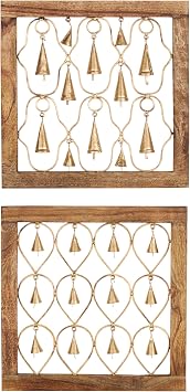 Deco 79 Mango Wood Bell Home Wall Decor Framed Wall Sculpture, set of 2 Wall Art 16" x 1" x 16", Brown