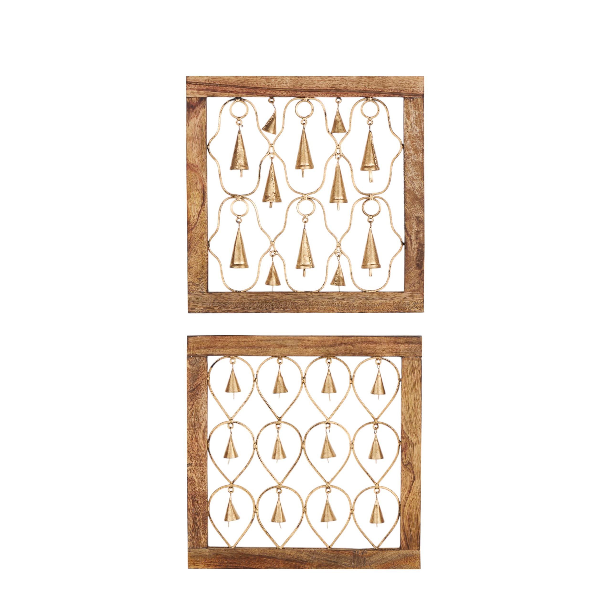 Deco 79 Mango Wood Bell Home Wall Decor Framed Wall Sculpture, set of 2 Wall Art 16" x 1" x 16", Brown