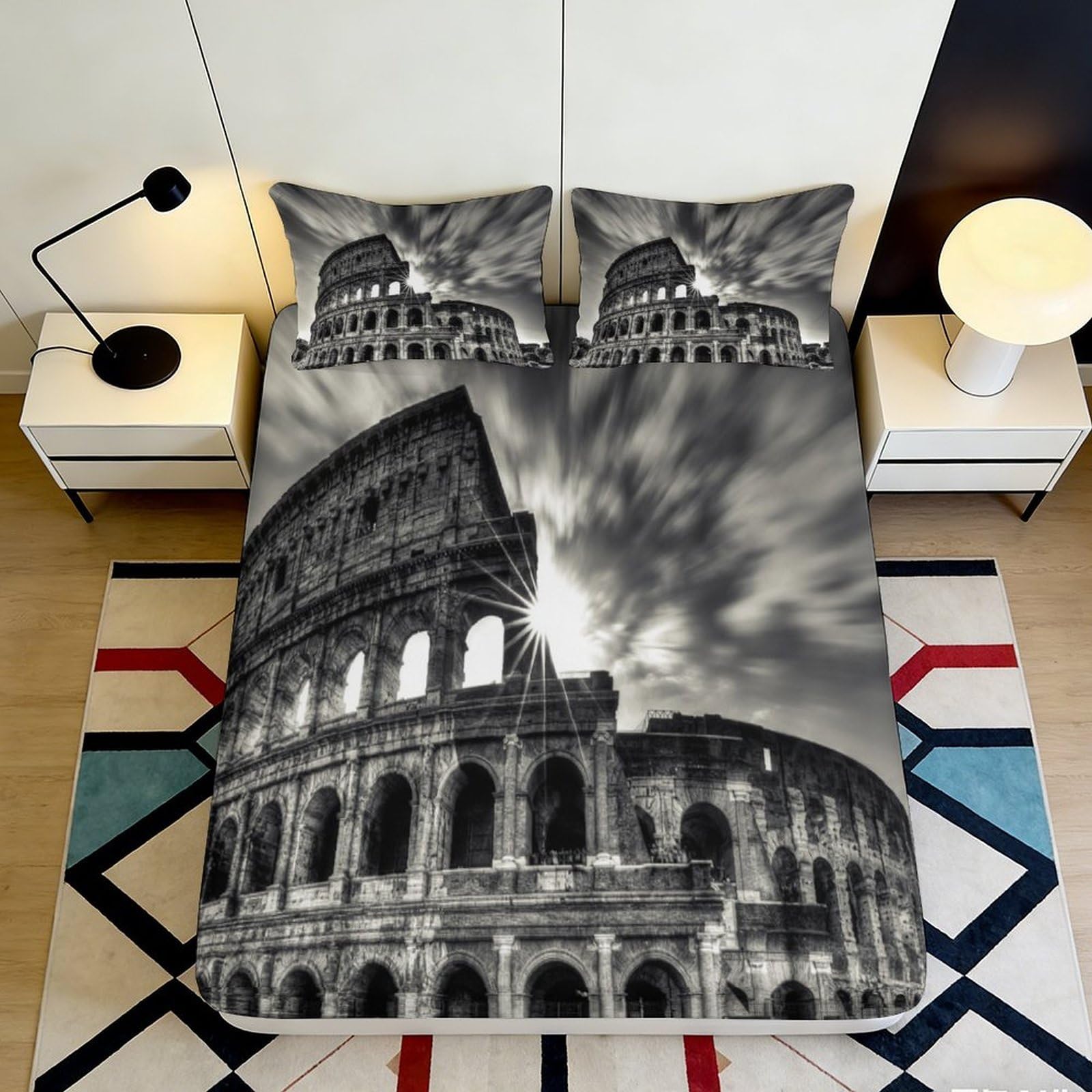 3D Printed Colosseum Architecture Fitted Sheet Microfiber Black White Rome Bed Cover for Bedroom Guestroom Decor 90x200x25cm