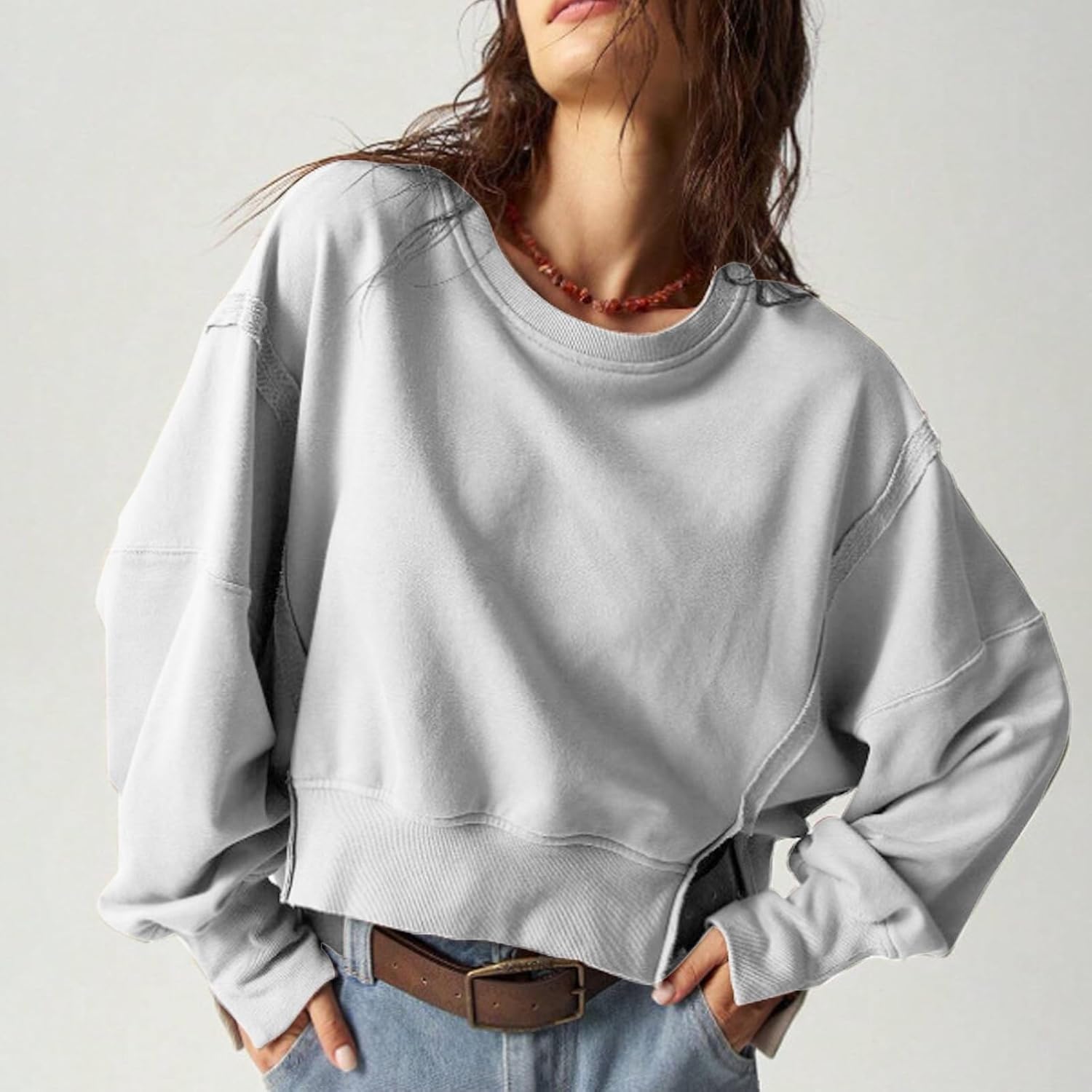 EGUGYDW Womens Crewneck Sweatshirts Cropped Long Sleeve Side Slit Loose Fit Teen Girls 2025 Fall Crop Pullover Tops - Image 6