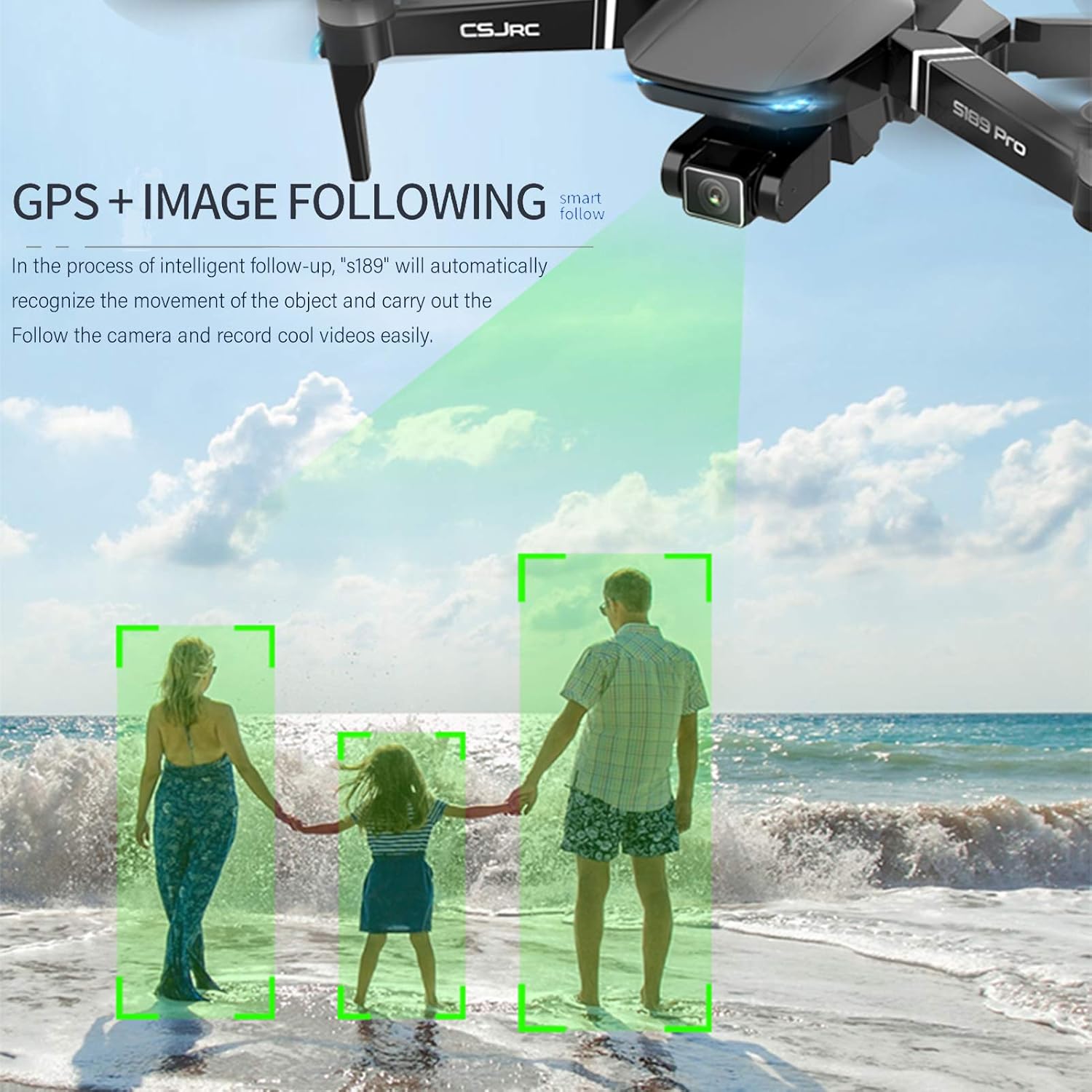 Image showing the drone following a group of people on a beach, demonstrating the GPS + Image Following feature.