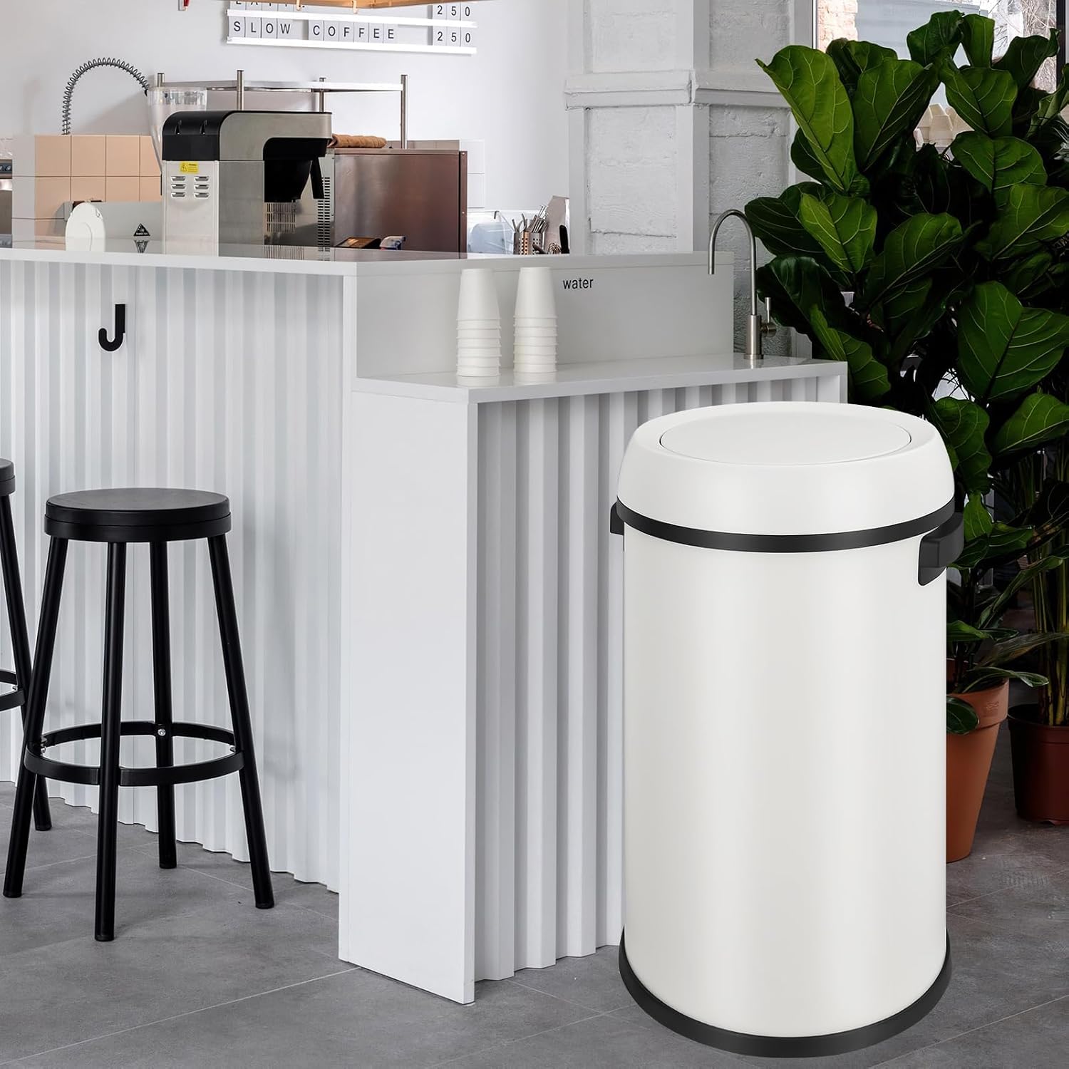17 Gal/65 L Trash Can, Stainless Steel Swing Top Trash Can, Fingerprint-Proof Commercial Round Rubbish Bin, Grade Waste Garbage Can for Home Office, White
