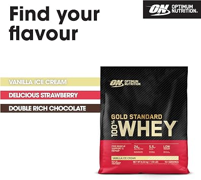 Optimum Nutrition Gold Standard 100% Whey Protein Powder, 4.53 kg | Vanilla Ice Cream, 151 Servings, 24g Protein, BCAA, Low Sugar, Fast-Digesting Isolate, Supports Muscle Growth and Repair
