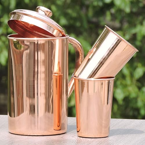Miniatura 5 de Ancient Impex Jarra de cobre puro con 2 vasos de cobre para almacenar y beber agua, capacidad ayurvédica de cobre puro de 57.48 onzas líquidas con