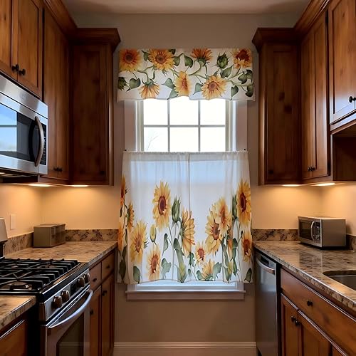Miniatura 6 de Juego de cortinas de cocina de girasol de 3 piezas - Cenefas y niveles con bolsillo para varilla - 58 pulgadas de ancho x 14 pulgadas de alto +