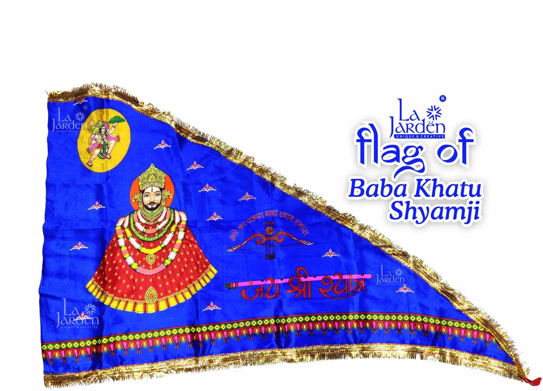 La Jarden® Large size 3x4.5 feet Shyambaba/Khatushyam ji Triangle Hand Flag khatu shyam ji flag | Shyam/Krishan Ji flag, One nos. (Blue)