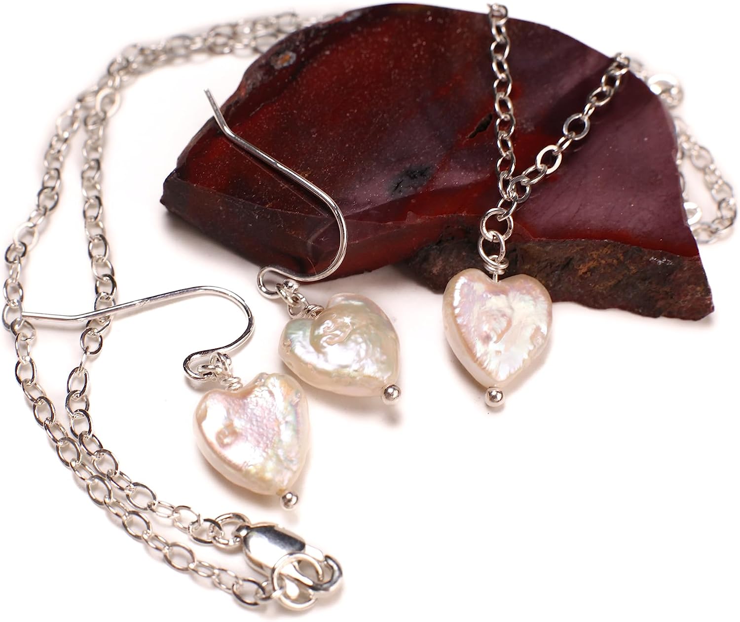 Natural Freshwater Heart shape Pearl White High Luster Pendant Necklace, Earrings Jewelry set in 925 Sterling Silver