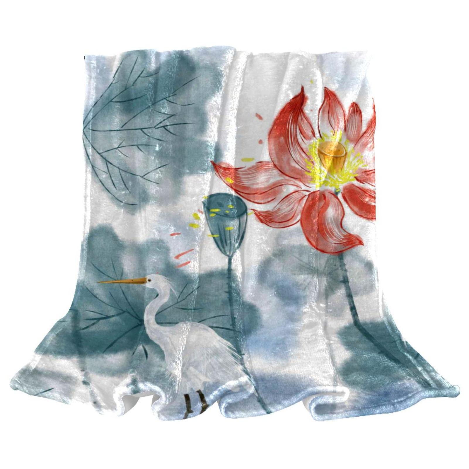 Couverture polaire haut de gamme motif grue de lotus rétro pour lit