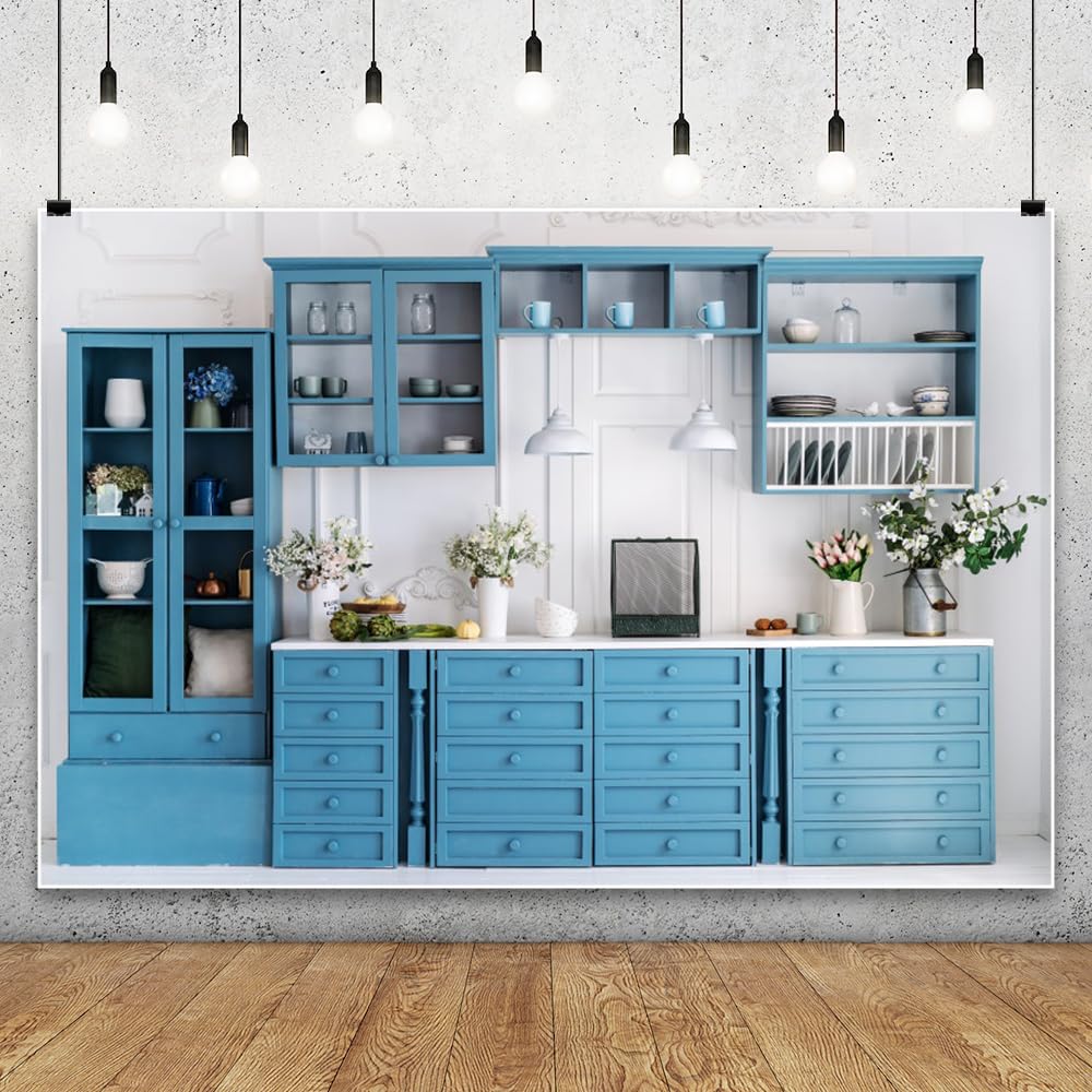 Leowefowa 6x4ft Kitchen Interior Backdrop Blue Modern Kitchen Cooking Interior Background Luxious House Baking Room Blue Cabinet Stove Oven New Life
